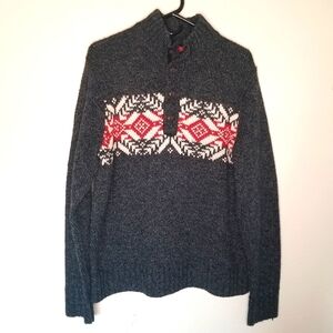 IZOD Nordic Fair Isle sweater wool blend button placket gray holiday Snowflake